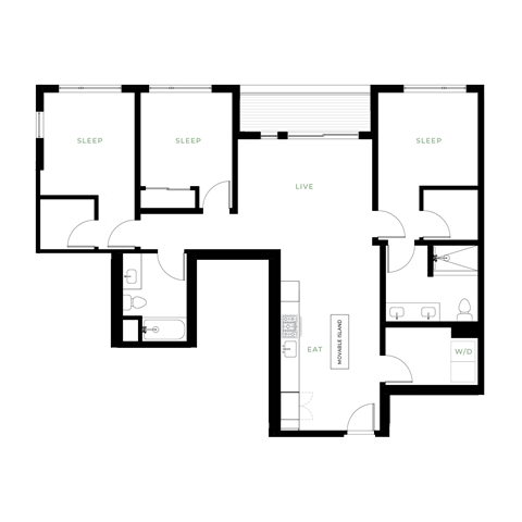 Floor plan for 3 beds, 2 baths, 1207 sqft
